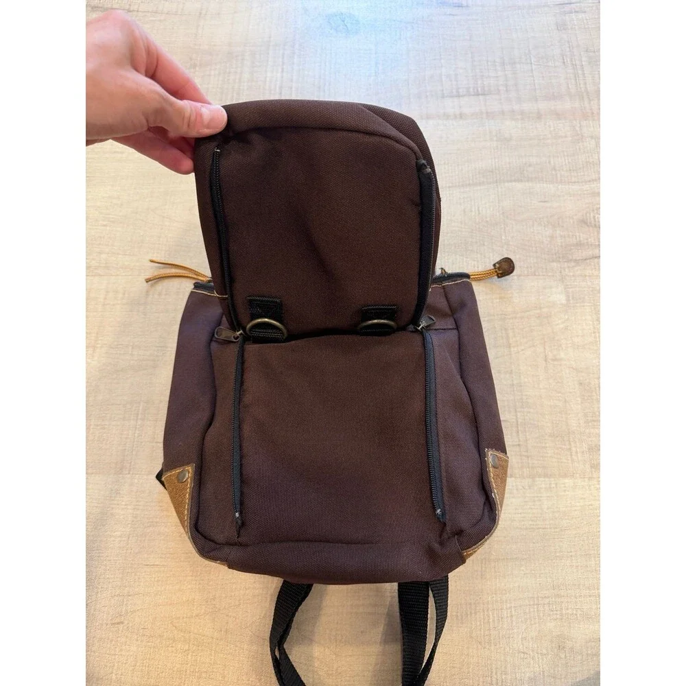 Vintage Fossil Brown Canvas Mini Backpack Utility Travel Bag Leather Trim Y2K